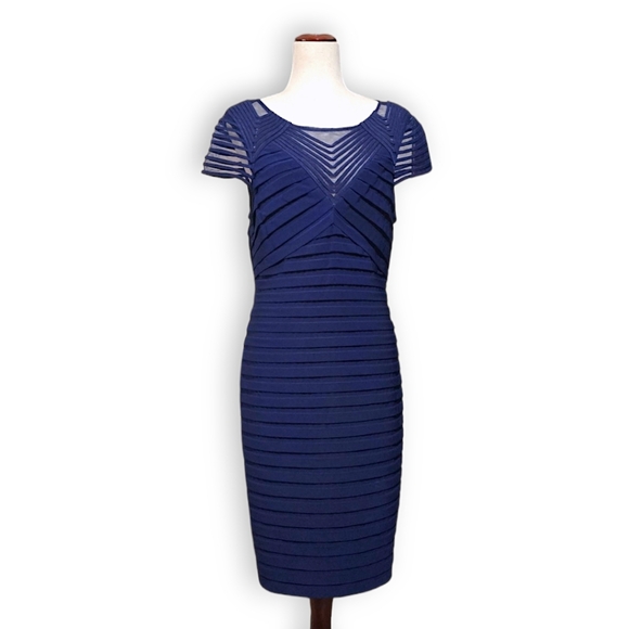 Adrianna Papell Navy Blue Shutter Pleat Sheath Illusion Cocktail Party Dress, 16 - Picture 14 of 14